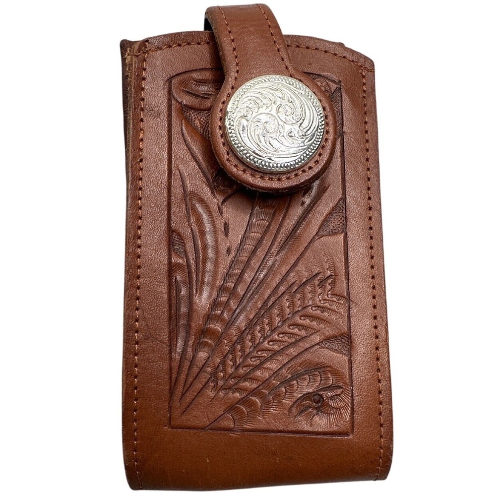 Western VTG Tooled Brown Leather Phone Holster Belt Pouch Silver Concho AS IS